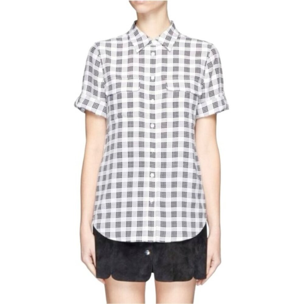 Equipment Silk Blouse Slim Palaka Plaid Button Down Short Sleeve Roll Tab Sz S